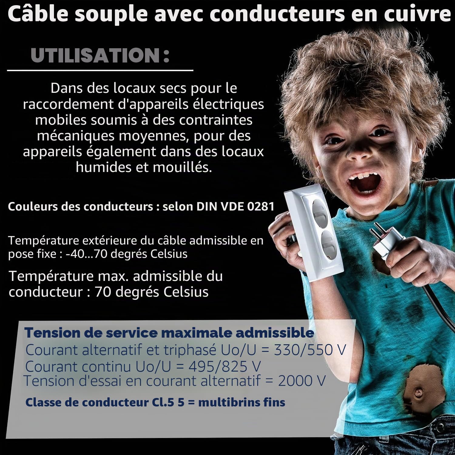 Câble H05VV-F 5G1,5 mm² - 5 x 1,5 mm² - Blanc - 10 m, 25 m, 50 m ou 100 m