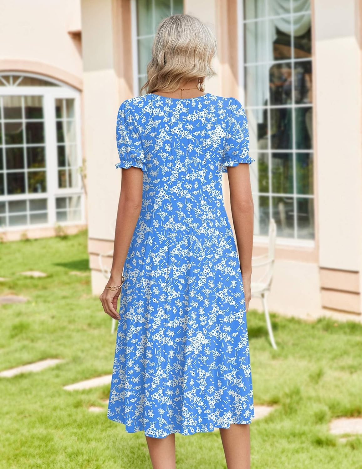 Zeagoo Womens Summer Dress Casual Midi Dresses 2026 Short Puff Sleeve Flare Dress Pleated Flowy Sundress with Pockets - Image 2