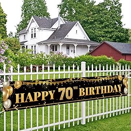 Large Happy 70th Birthday Decoration Banner, Black and Gold Happy 70th Birthday Banner Sign, 70th Birthday Party Decorations Supplies(9.8x1.6ft)
