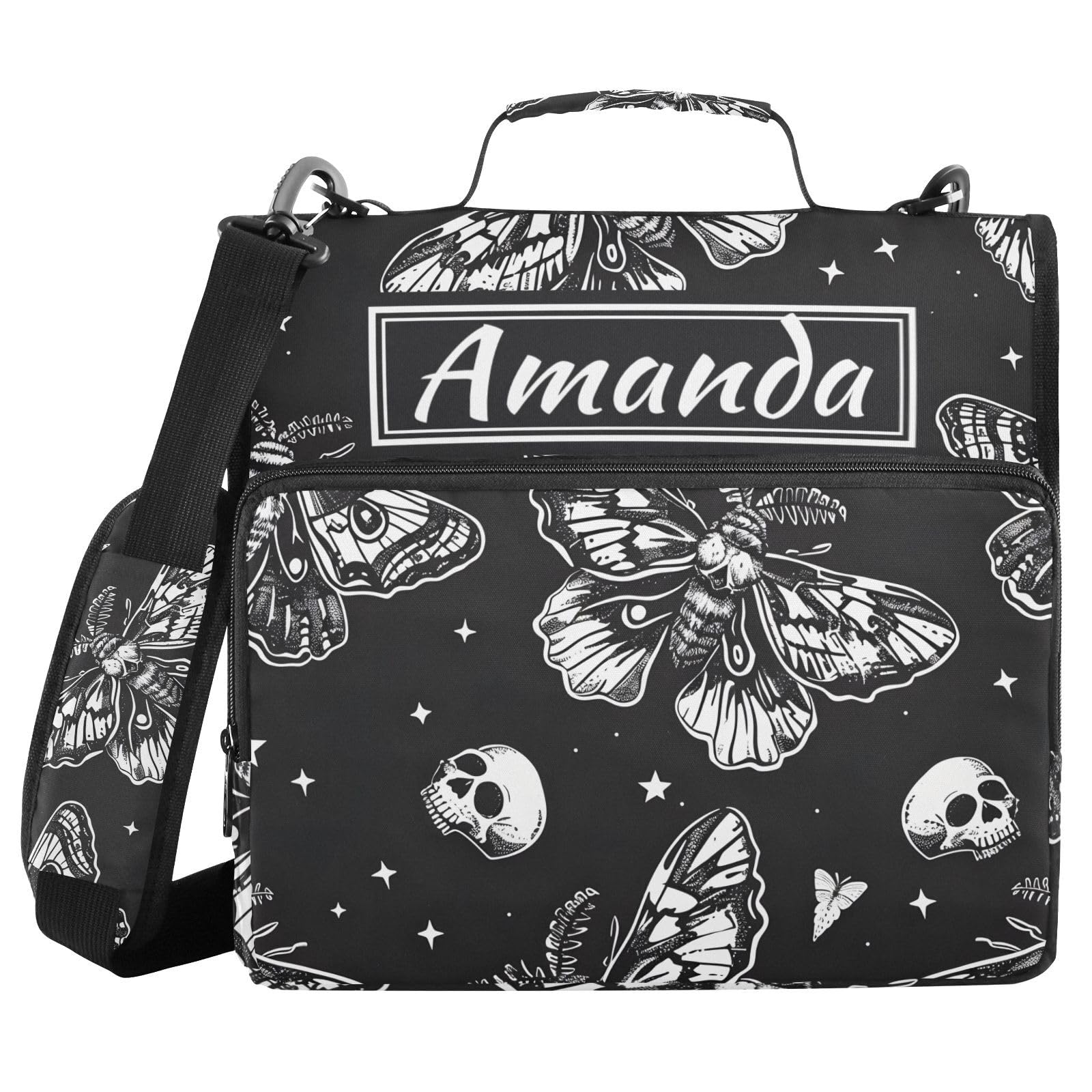 Custom 3 Ring Zipper Binder Skull Moon Moth Black Skeleton Personalized Name 1.5 inch Binders Large Capacity Multi Pockets for School Office Supplies