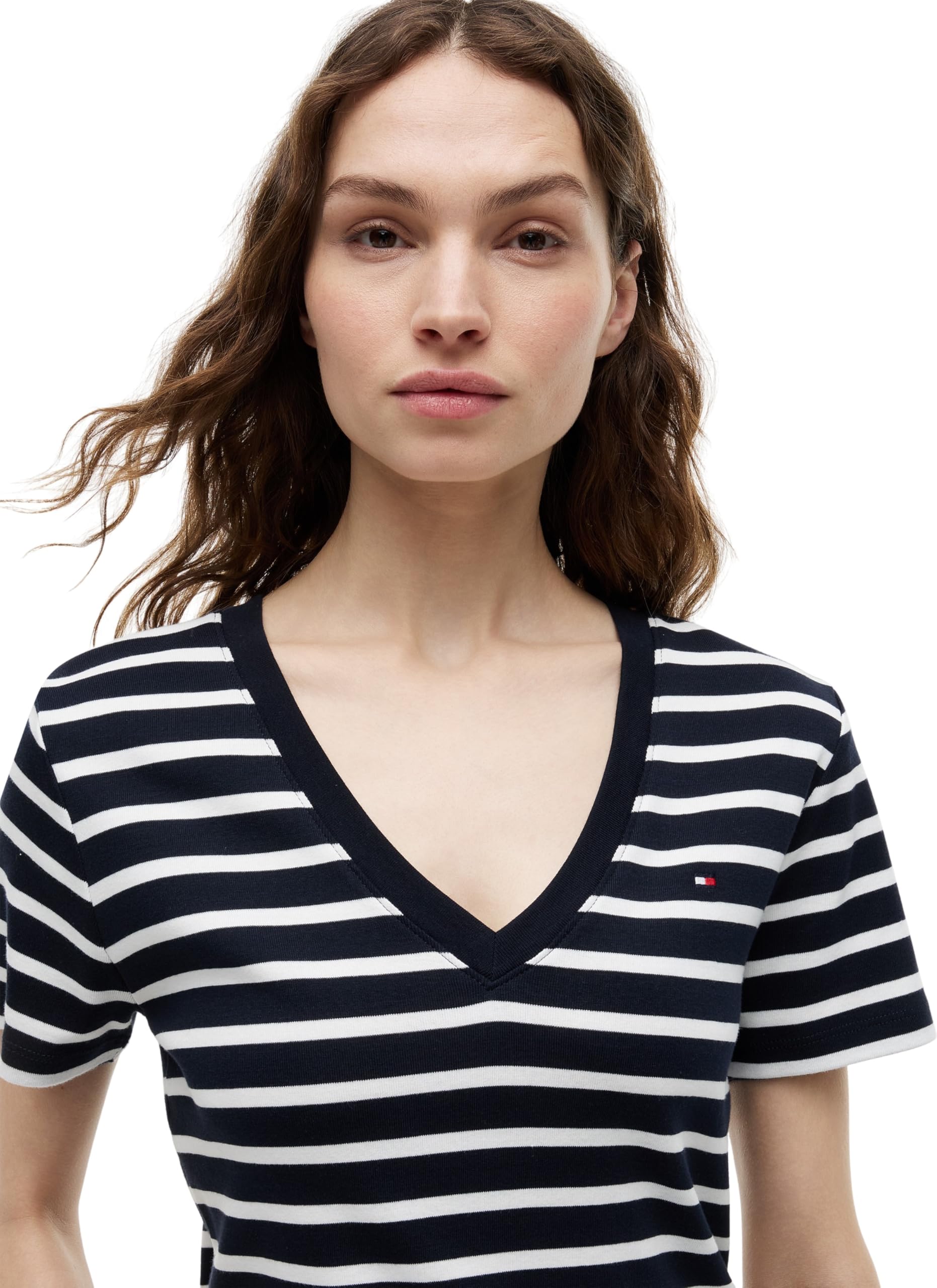 Tommy Hilfiger Camiseta de Manga para Mujer Corta New Slim Cody V-Neck con Cuello de Pico