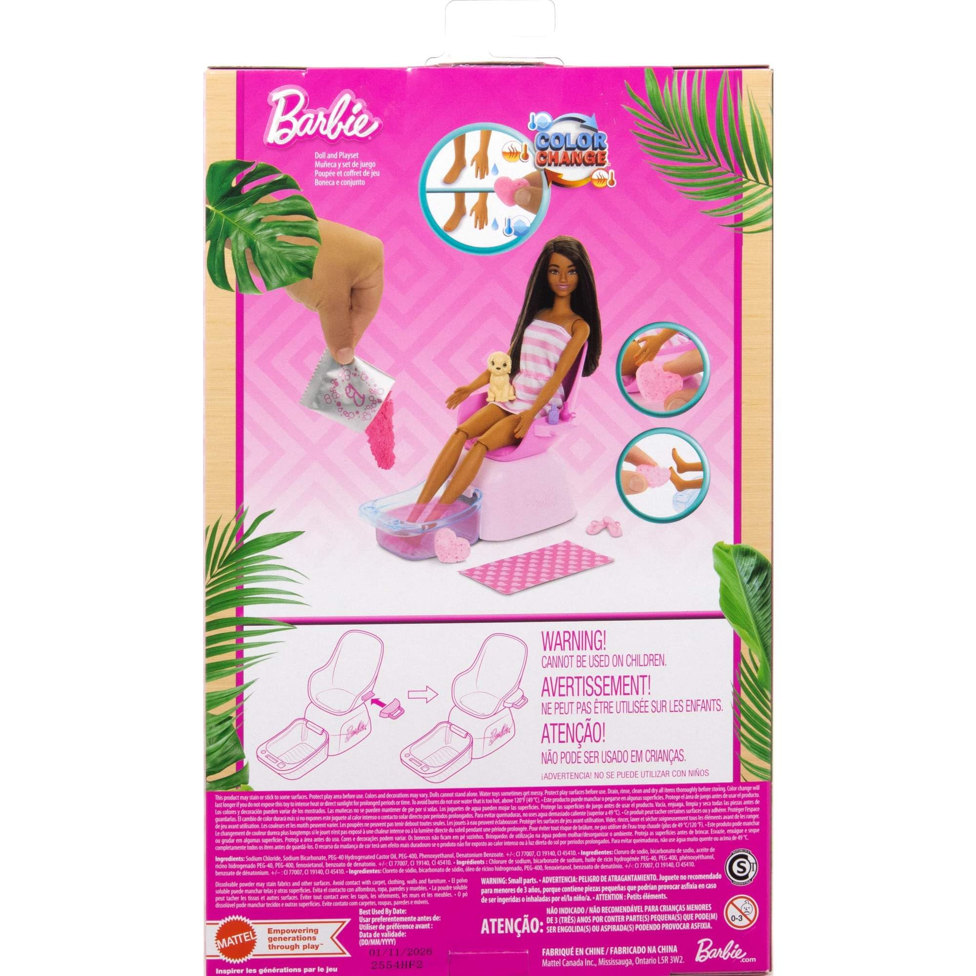 Barbie Mani-Pedi Spa zestaw do zabawy z lalką modową, szczeniakiem i 7 akcesoriami, funkcja zmiany koloru
