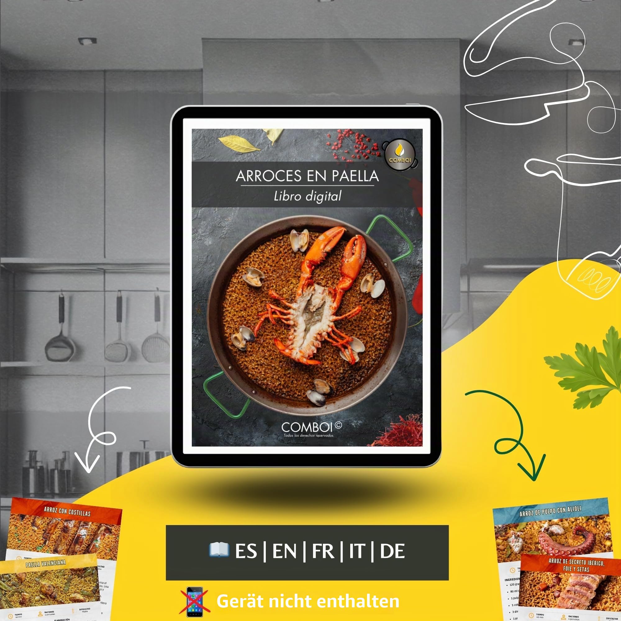 COMBOI - Paella-Pfanne aus poliertem Stahl, 90 cm, große Paella-Pfanne für 40-50 Portionen, geeignet für Gas, Holz und Paella-Pfanne, hergestellt in Spanien, inklusive digitalem Rezeptbuch (90 cm)