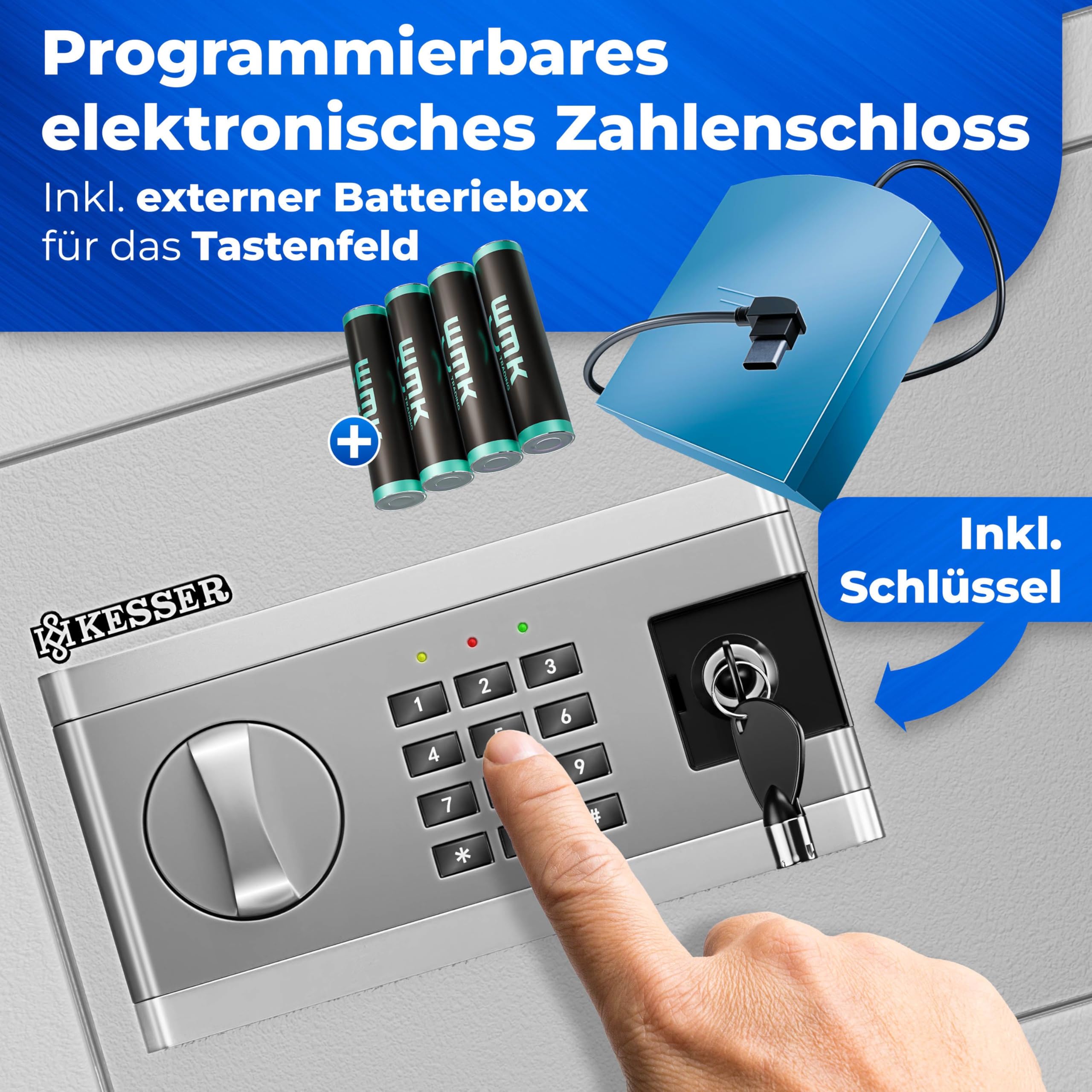 KESSER® Elektrische kluis, batterijbehuizing inbegrepen, elektronische kluis, drievoudige vergrendeling met dubbele bout, wand- of vloerkluis, vrijstaande kluis, L, zilver