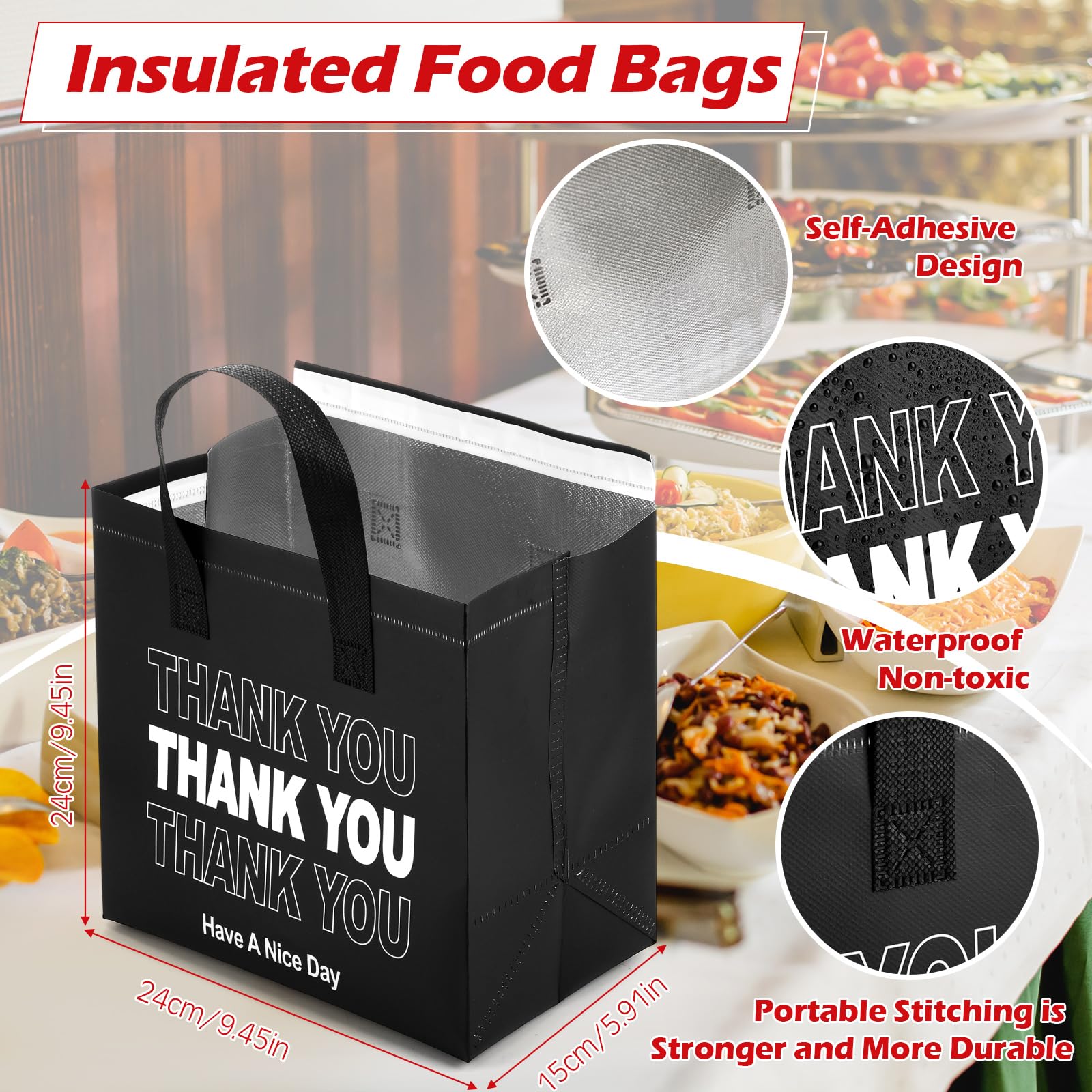 Aliceset 80 bolsas aislantes de agradecimiento para entrega de alimentos a granel de 9.5 x 9.5 x 6 pulgadas, bolsa de aislamiento térmico para alimentos fríos y calientes, para viajes, pizza, café
