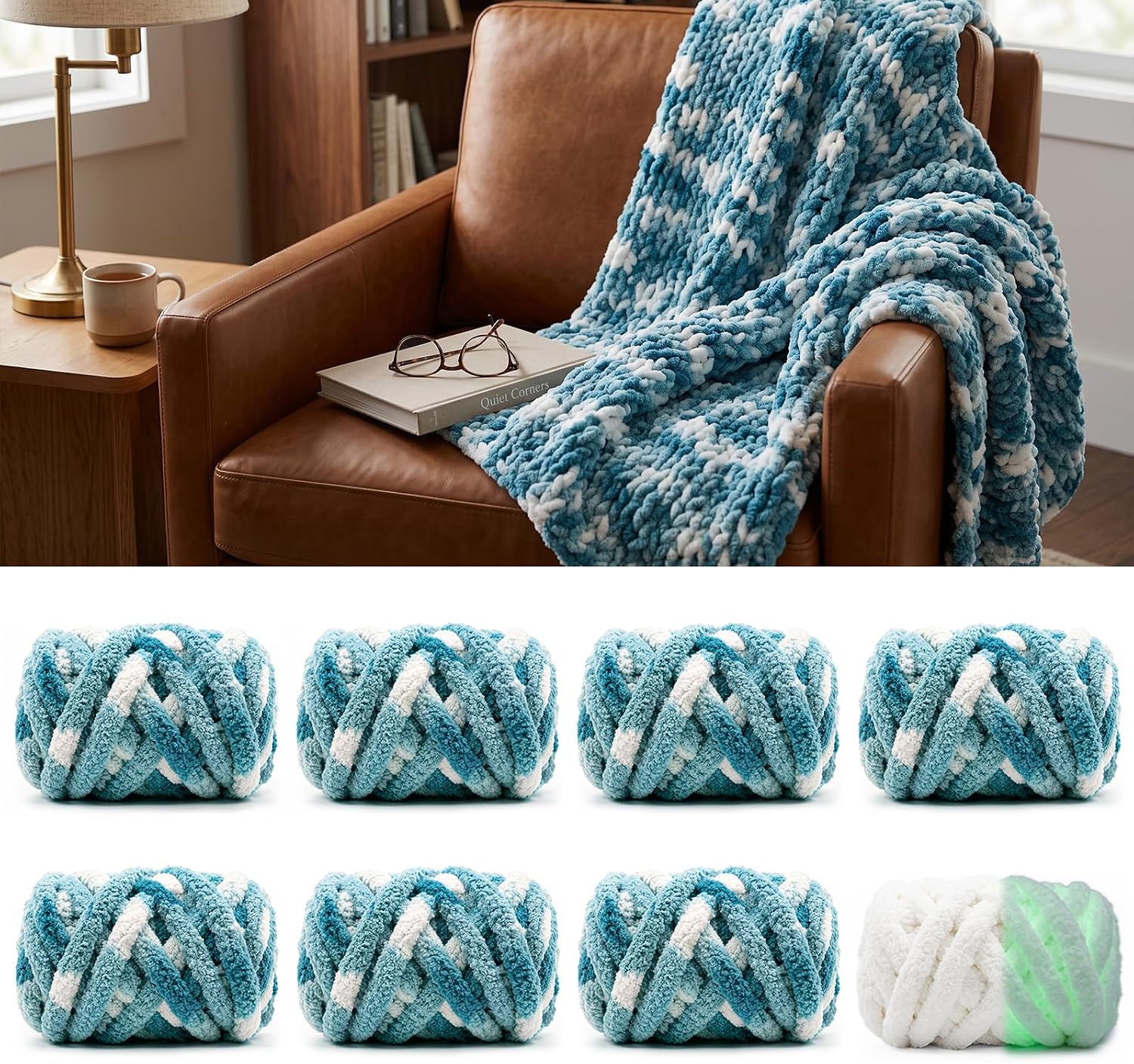 Chunky Yarn for Hand Knitting, 8 Skeins, Tie Dye Glow in the Dark, Teal