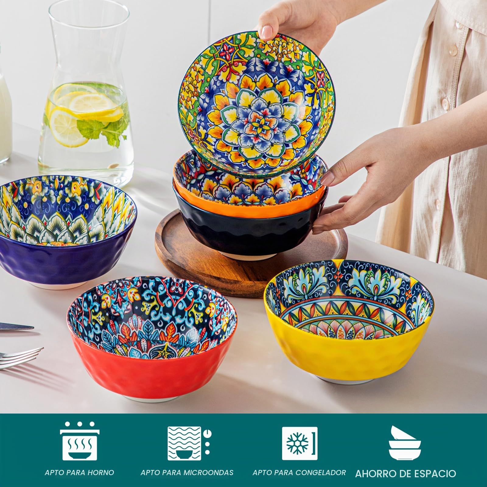 vancasso SIMI Cuencos de Pasta Set de 6, 21cm Porcelana Plato Hondo, 950ml Platos para Ensalada, Juego de Ensaladera Grande, Tazón de Frutas, Apto para Lavavajillas e Microondas, Estilo bohemio