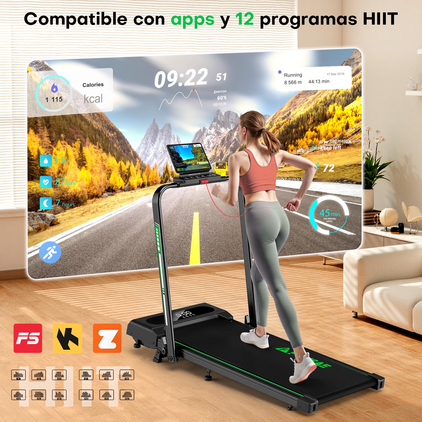 5 en 1 Cinta de Correr Plegable, 12KM/H Cinta de Correr con Inclinación 9%, 2.75 HP Cinta de Andar para Casa con Control Remoto y Pantalla LED, Apps y 12 Programas HIIT, Soporte 150 KG