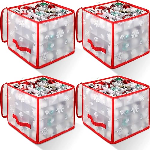 Saintrygo 4 cajas de almacenamiento de adornos navideños con 64 compartimentos con cremallera, caja de almacenamiento de adornos de vinilo de