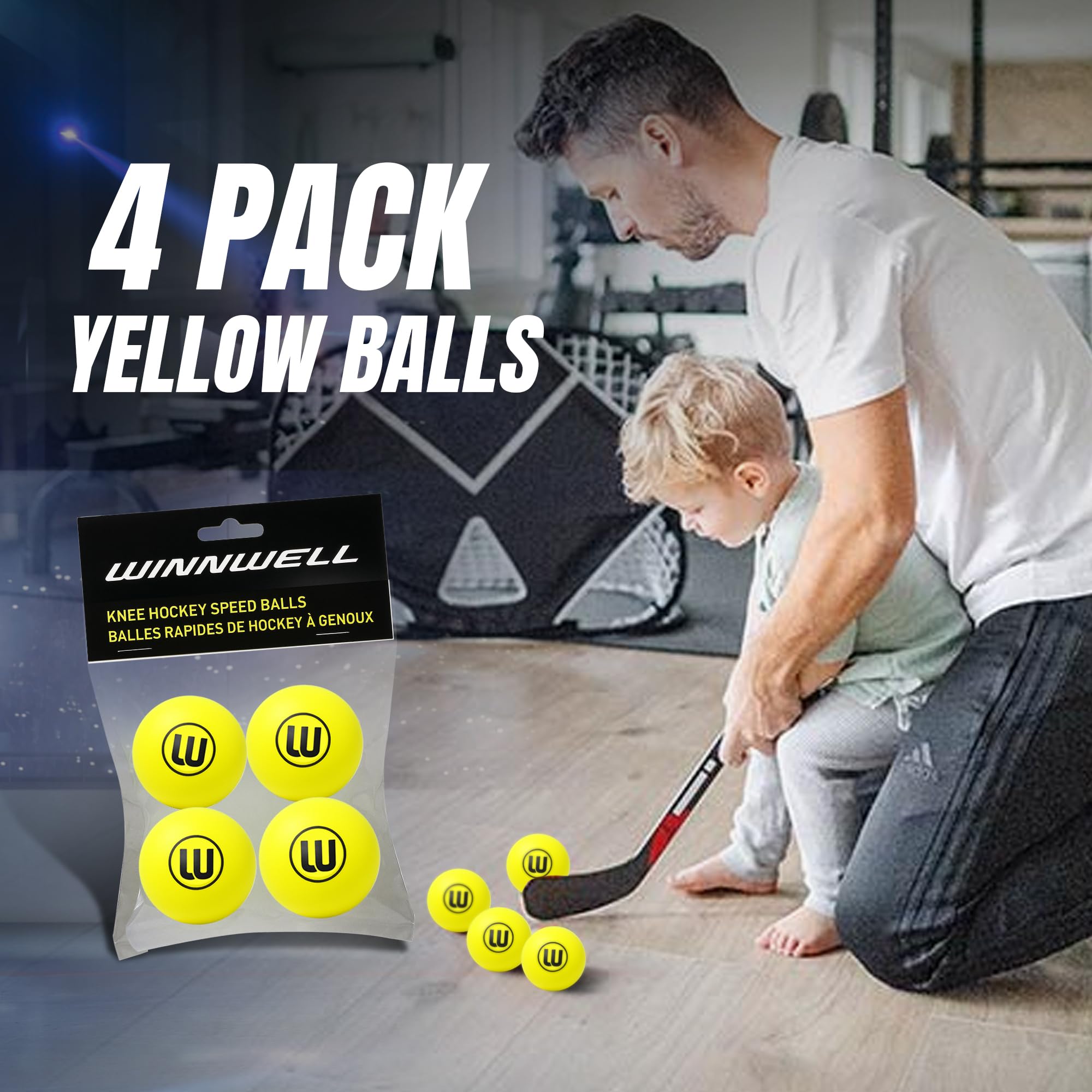 Winnwell Knee Hockey Foam Balls - Indoor Mini Stick Hockey Balls for Kids - Soft Foam 4-Pack with Drawstring Bag - 2" Diameter Ball - Image 3