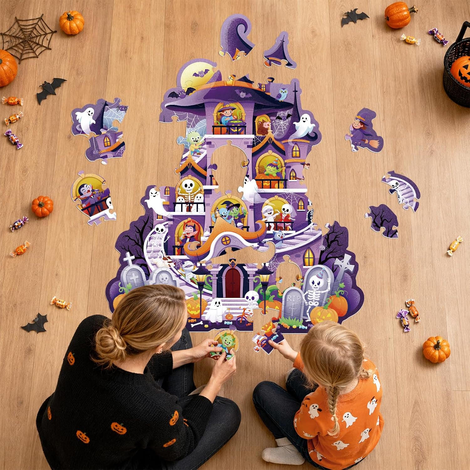 Halloween Decorations Floor Puzzle for Kids, 50-Piece Halloween Shaped Jigsaw Puzzle for Ages 3-8, Large Kids Puzzle for Party Decorations, Gifts, and Classroom Activities thumbnail