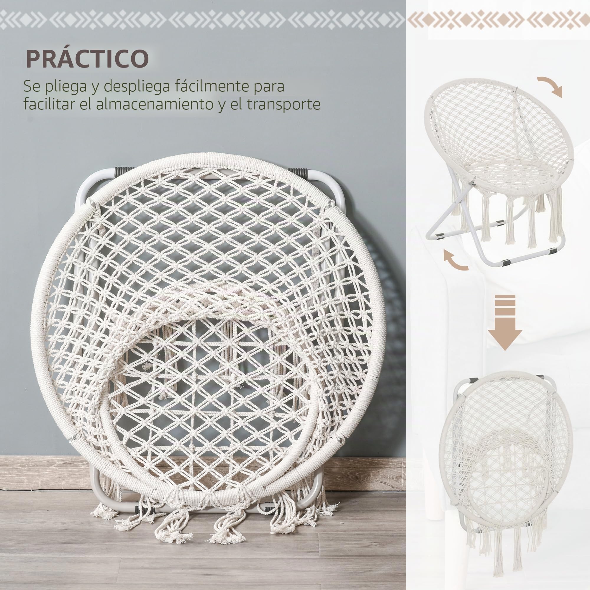 Outsunny Silla Papasan Redonda de jardín Plegable Macrame Beige | Sillón luna, gran comodidad, algodón poliéster, para balcón, exterior