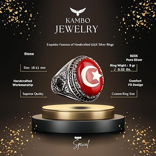 Miniatura 2 de KAMBO Anillo de plata de ley 925 para hombre, anillo Malcolm X, anillo de estrella y media luna para hombre, Gema, Perla sintética