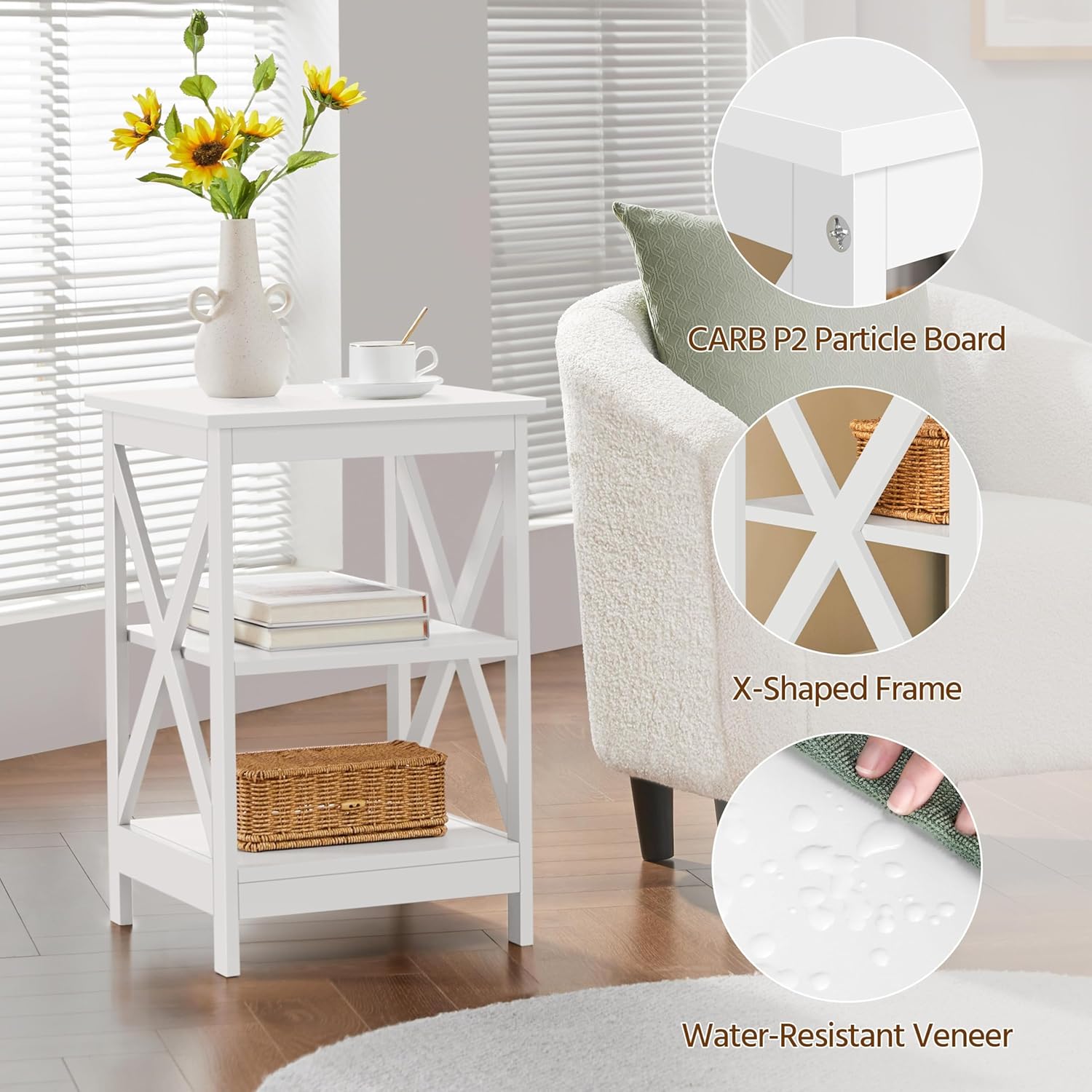 Yaheetech End Tables Set of 2, 3-Tier Side Tables with Storage for Living Room, Sturdy X Design Wooden Large Sofa Side Table Storage Cabinet with Shelves, 16x16x24’’(LxWxH), White