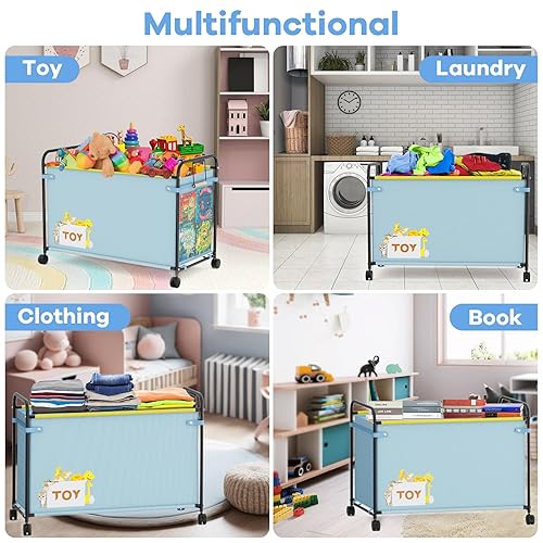 Miniatura 7 de Caja de juguetes extragrande, organizador de almacenamiento de juguetes de 180 litros con ruedas, caja de juguetes de tela Oxford y metal con asa,
