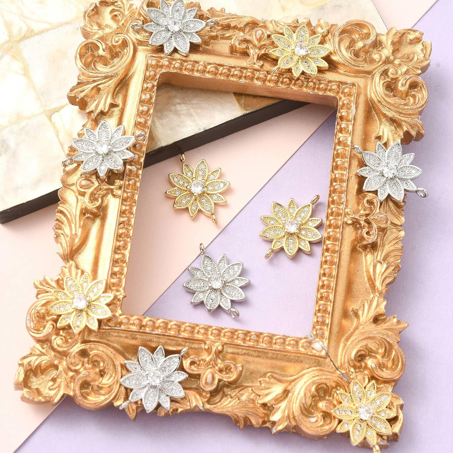 KitBeads 10pcs Random Mixed Cubic Zirconia Connectors 18k Gold Plated Flower Link Charms Flower Cubic Zirconia Connector Charms for Jewelry Making - Image 5