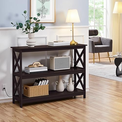 Miniatura 2 de Topeakmart Mesa consola con 2 tomas de corriente y 2 puertos USB, mesa de entrada de 3 niveles con marco de madera y diseño en forma de X, mesa de