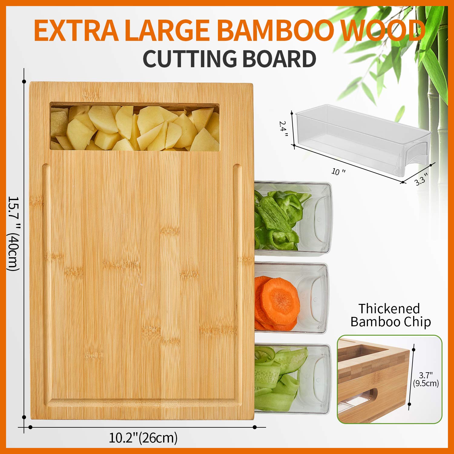 Bamboo Cutting Board with 4 Trays, Large Chopping Board with Containers, Juice Grooves, Easy-grip Handles & Food Sliding Opening, Carving Board with Trays for Food Storage, view 7