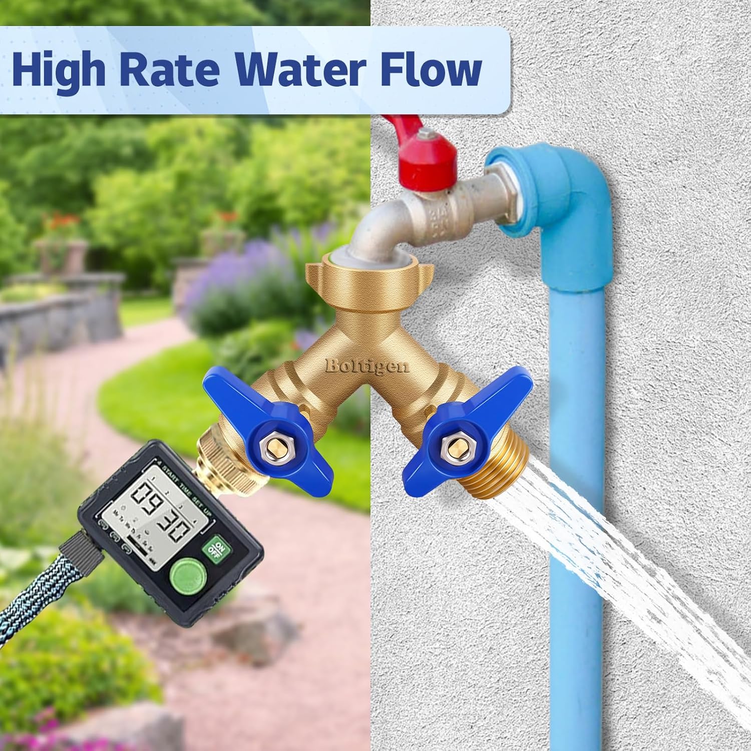 Boltigen Garden Hose Splitter Full Flow Port 2 Way Heavy Duty Brass Y Type Hose Connector 3/4'' GHT Thread Water Hose Shuf Off Valve Adapter Fitting, for Outdoor Faucet Irrigation House Sprinkler