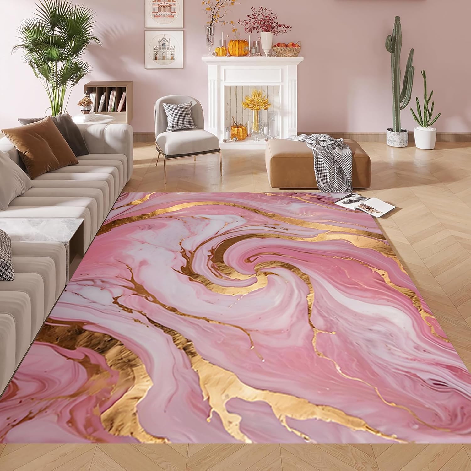 Rose Gold Marble Area Rug, 6x8ft, Low Pile Washable Rug Carpet for Living Room, Pink Gold Line Abstract Liquid Marble Home Decor Rugs for Game Room Classroom Bedroom Dining Room