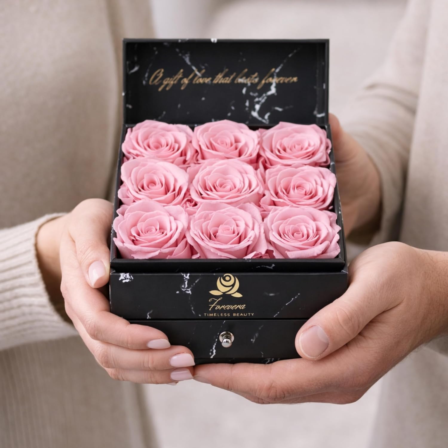 Luxury Preserved Premium Roses Gift Box, 9 Real Roses in Black Marble Pattern Box with Jewelry Drawer, Forever Fresh Flowers (Sakura Pink)