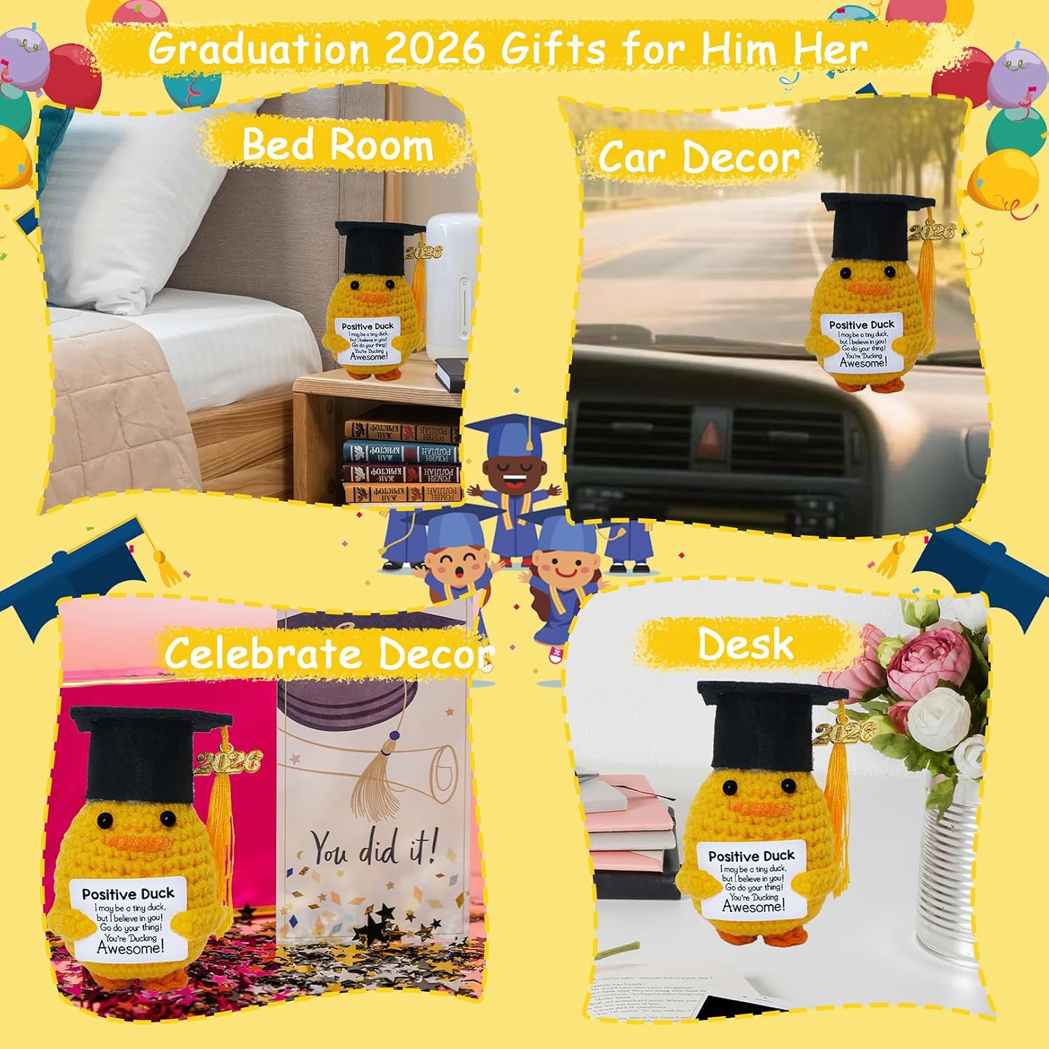 2026 Graduation Mini Duck Decor Gifts for Women Men, High School College Grad Class of 2026 Handmade Positive Crochet Doll Duck for Him Her 4.1in Cute Emotional Support Pickle Graduation Decoration
