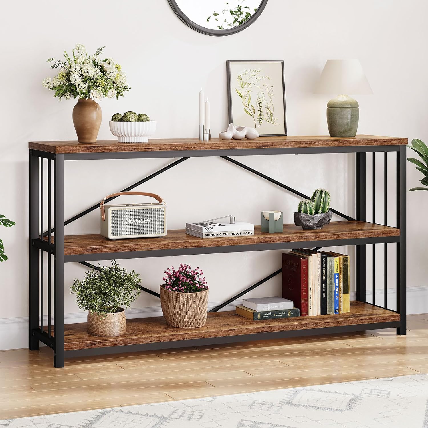 LVB Mesa de entrada de consola industrial, mesa de sofá rústica de madera de metal con almacenamiento, estante de 3 niveles largo para pasillo,