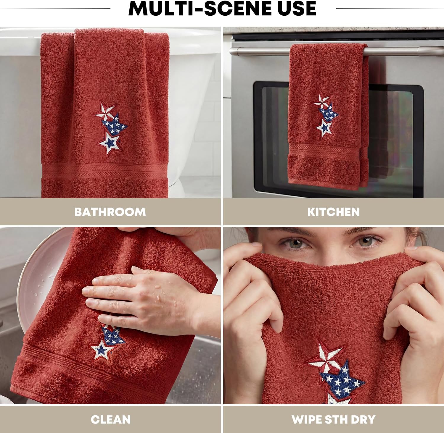 Artoid Mode 2 Pcs Red Star 4th of July Embroidered Hand Towels for Bathroom, 100% Cotton Soft Absorbent Farmhouse Decor Towels, 13.7 x 29.5 Inch