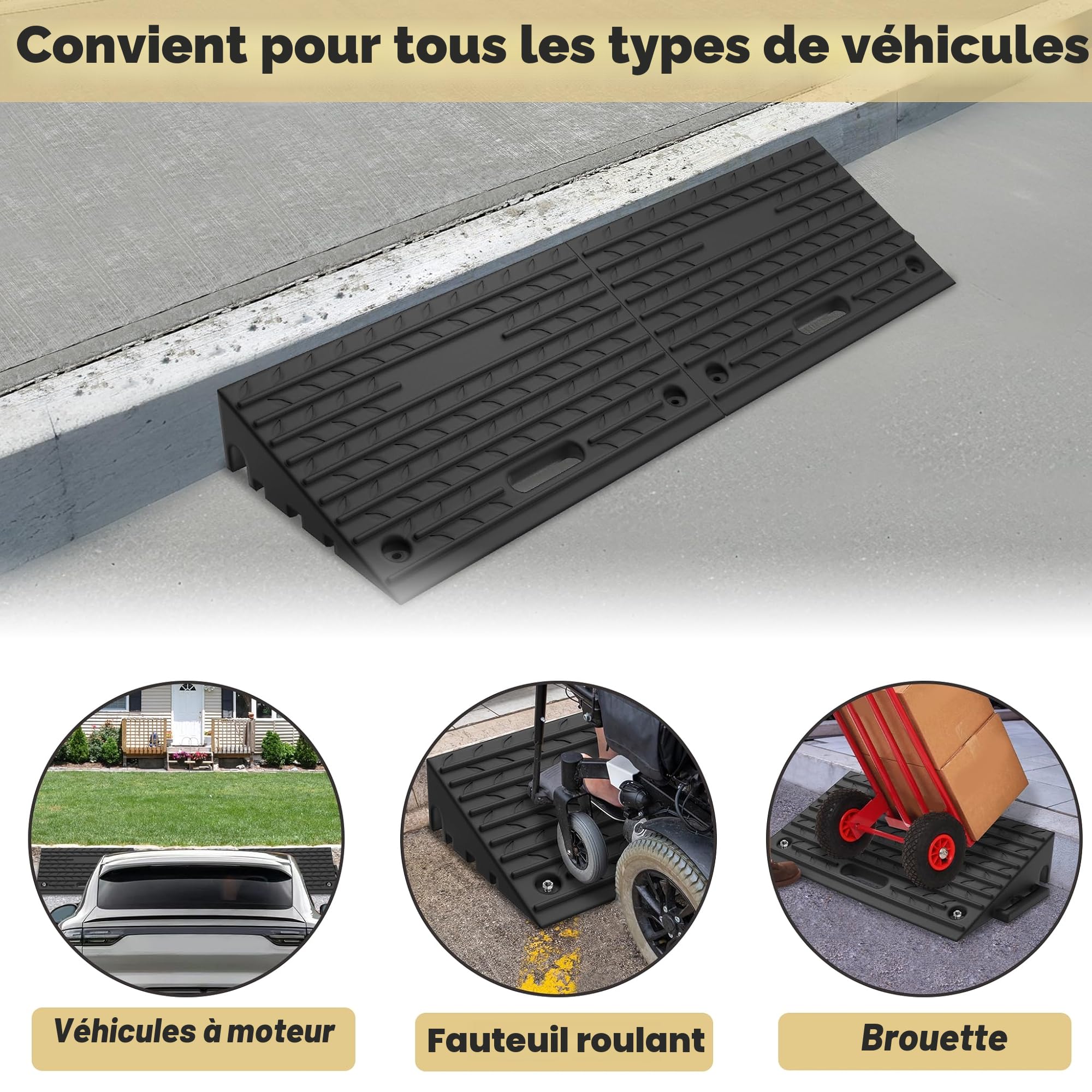 UISEBRT Lot de 2 rampes de trottoir en caoutchouc pour bordures, allées, garages, rampes de seuil de porte robustes, avec fonction portable, antidérapantes et résistantes aux intempéries, noir, 53 x