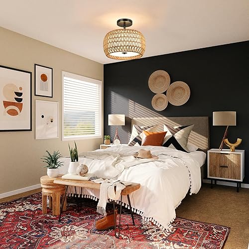Miniatura 2 de FRIDEKO HOME Lámpara de techo semiempotrada de 3 luces  Lámparas de ratán tejidas para montaje en techo, lámpara bohemia con pantalla de tela,