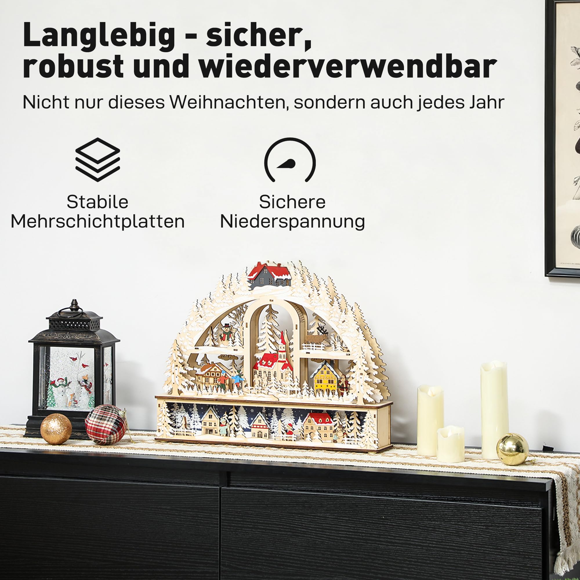 HOMCOM Weihnachtsdorf mit LED-Leuchtung 45 cm Schneemann Renntier Bäume | Weihnachtsstadt, Weihnachtshaus, Winterlandschaft, Beleuchtet, Winterdorf, für Weihnachten