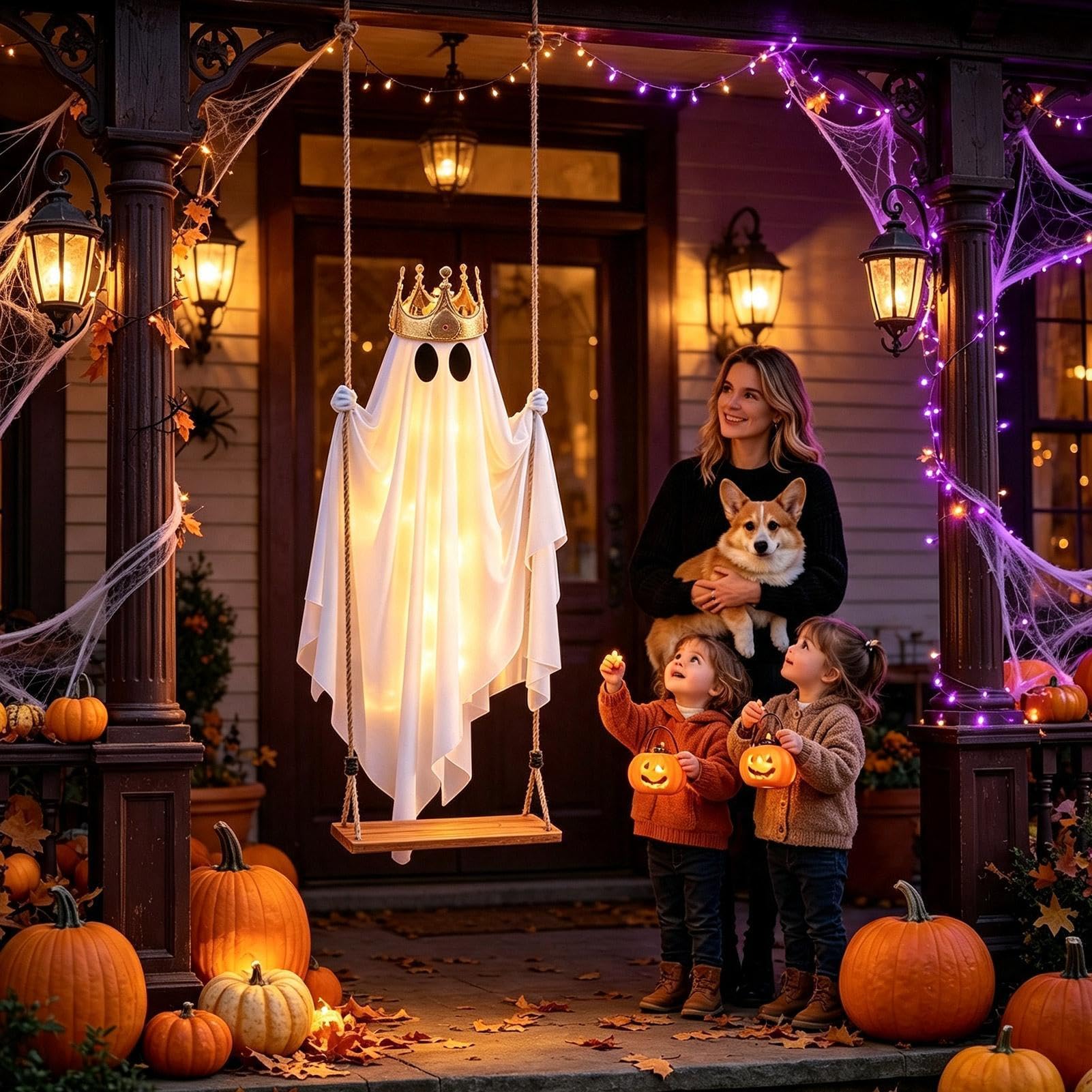 Fantasma Columpiante para Porche con Luz, De Halloween Grande Y