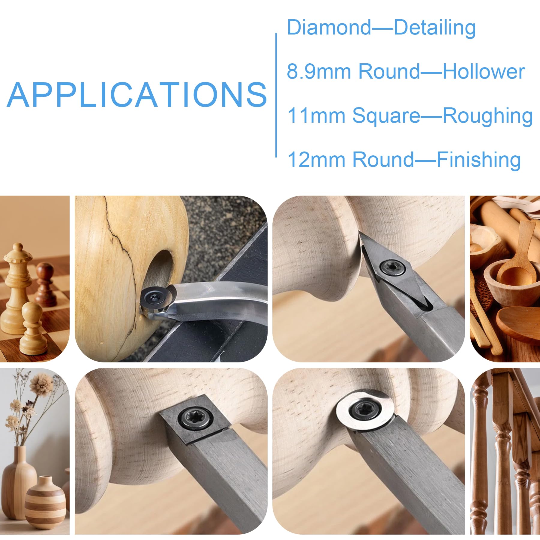 Mini-Hartmetall-Holzdrehwerkzeug-Set mit Holzgriff und 4 Hartmetall-Einsätzen, ideal zum Schruppen von Holzdrehmaschinen, Schruppen, Finishing Detailing und Aushöhlen
