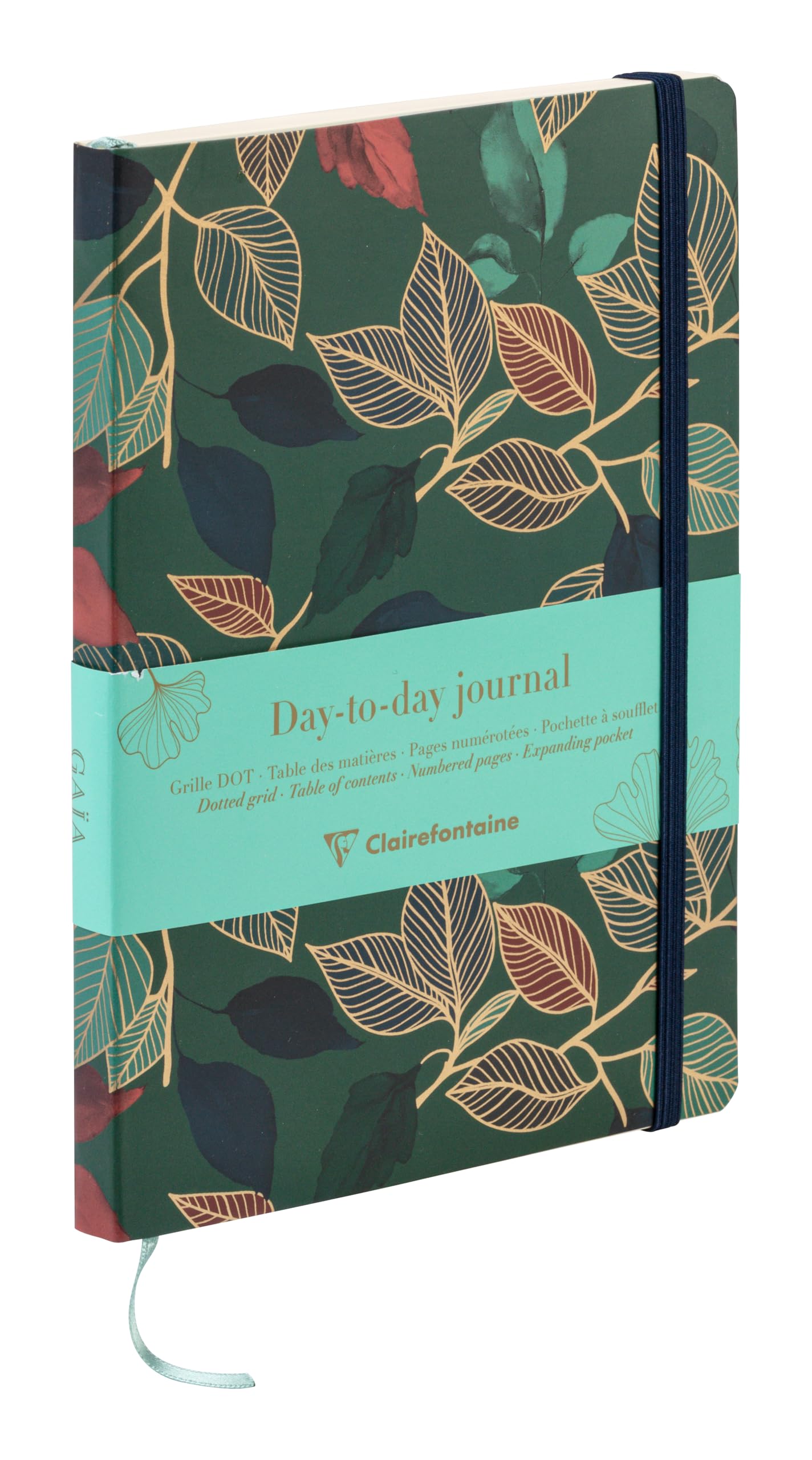 Clairefontaine - 116245C - Day-to-Day Journal A5 14,8x21cm 192 Pages Dot - Floral/Deep Blue Ginkgo Leaves Pocket Bookmark Elastic Gaïa Blue - Random delivery