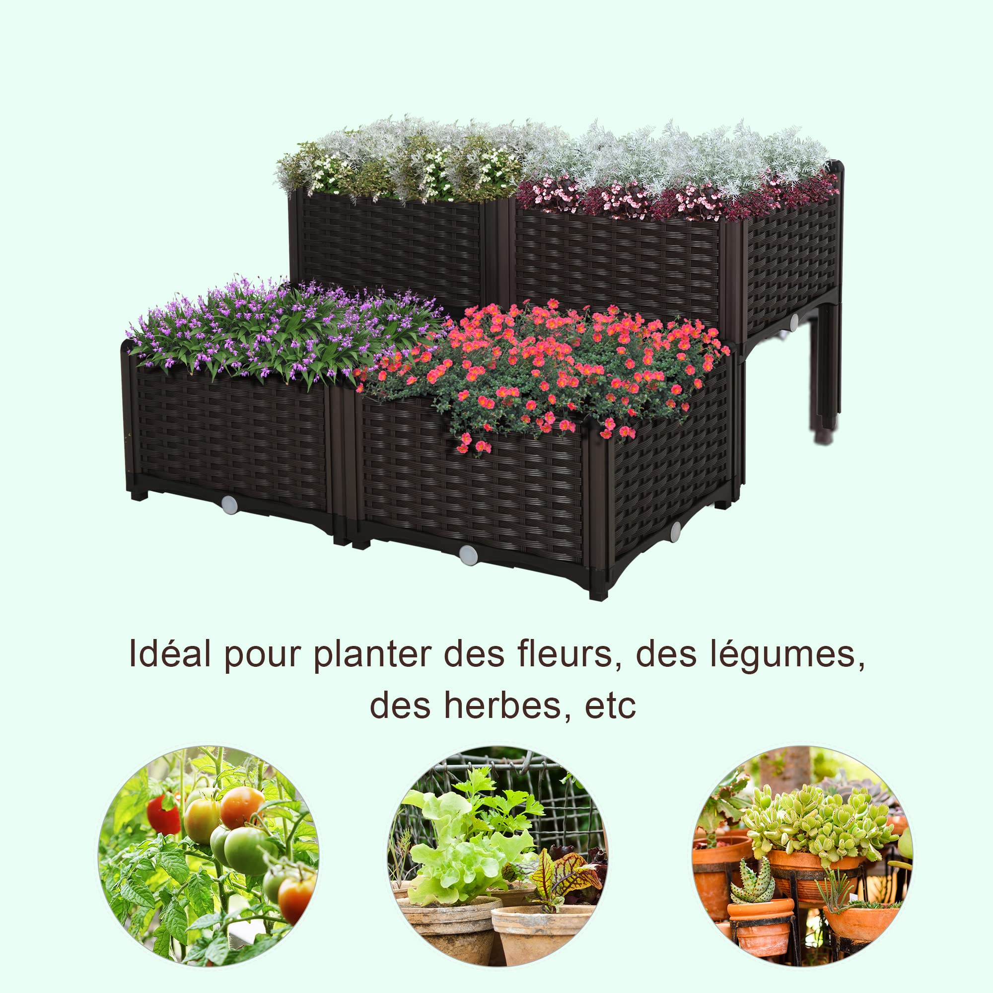 Outsunny Jardinière sur Pieds carré Potager 80L x 80l x 44H cm Chocolat | 2 Étages, Insert d'irrigation, Plastique Imitation Rotin Tressé