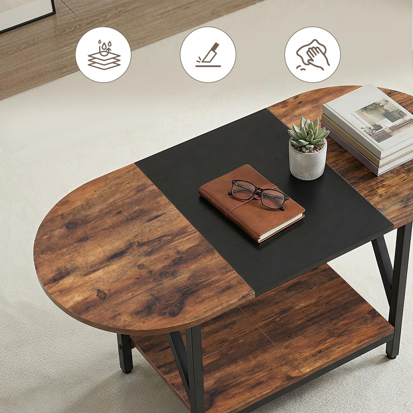 HOOBRO Tavolino da Salotto Ovale a 2 Livelli con Ripiano Aperto, Tavolino da caffè in Stile Moderno per Ambienti Piccoli, Soggiorno e Sala da Pranzo, Marrone Vintage e Nero EBFK13KF01