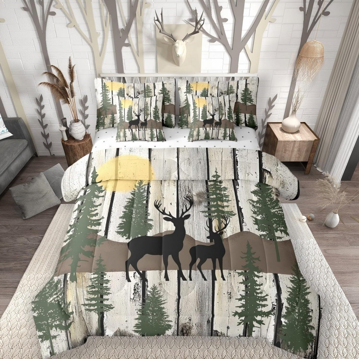Elk Deer 7 Piece Comforter Set Full Bed in a Bag, Farmhouse Decor Rustic Barn Door Bedding Sets Reindeer Pine Trees Comforter and Sheet Set, Country Woodland Animals Room Decor, Cream White