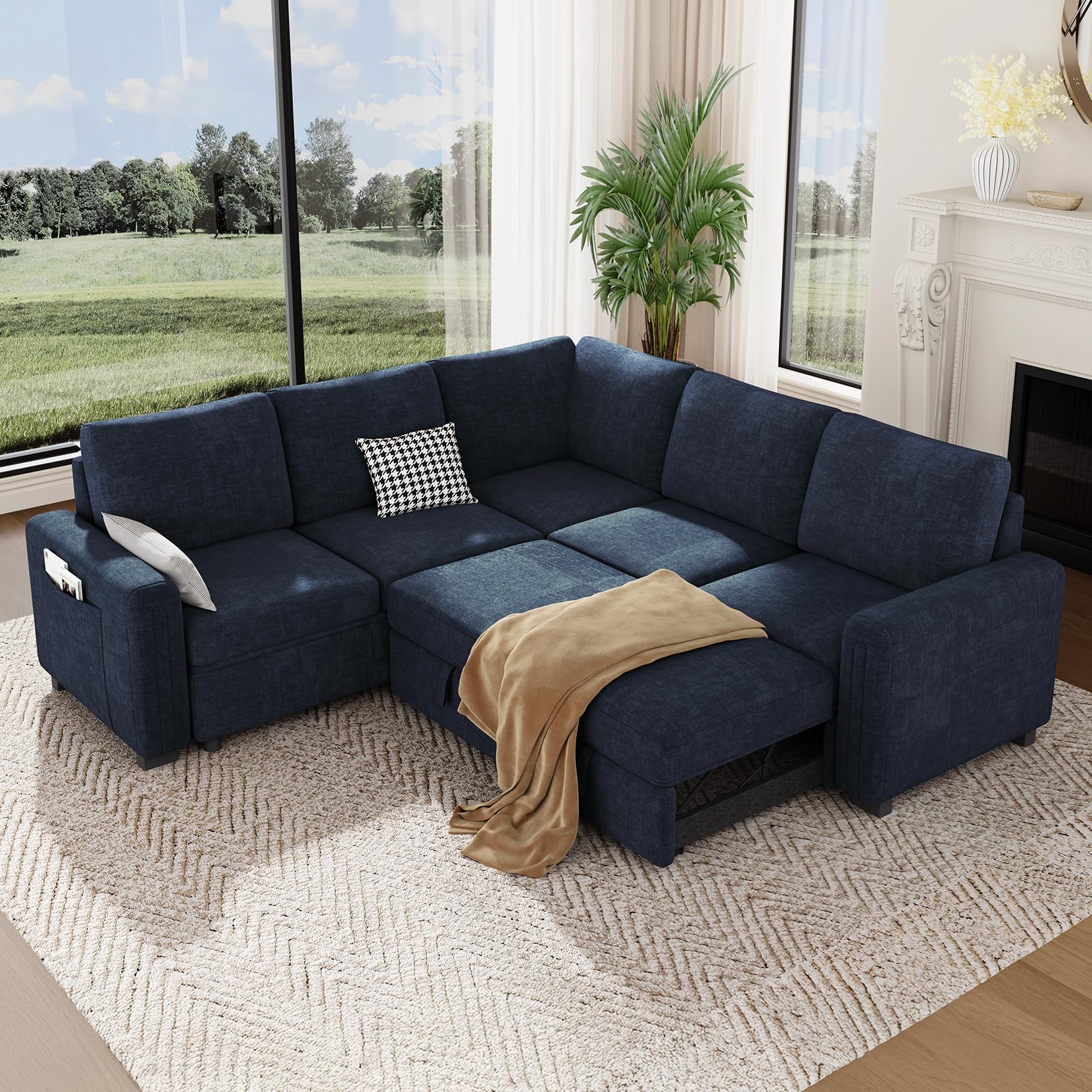 Vesgantti 88.4" Sleeper Sectional Couch with Pull Out Bed, 5 Seater L Shaped Modular Sectional Sofa with Storage, Comfy Chenille Modular Sofa for