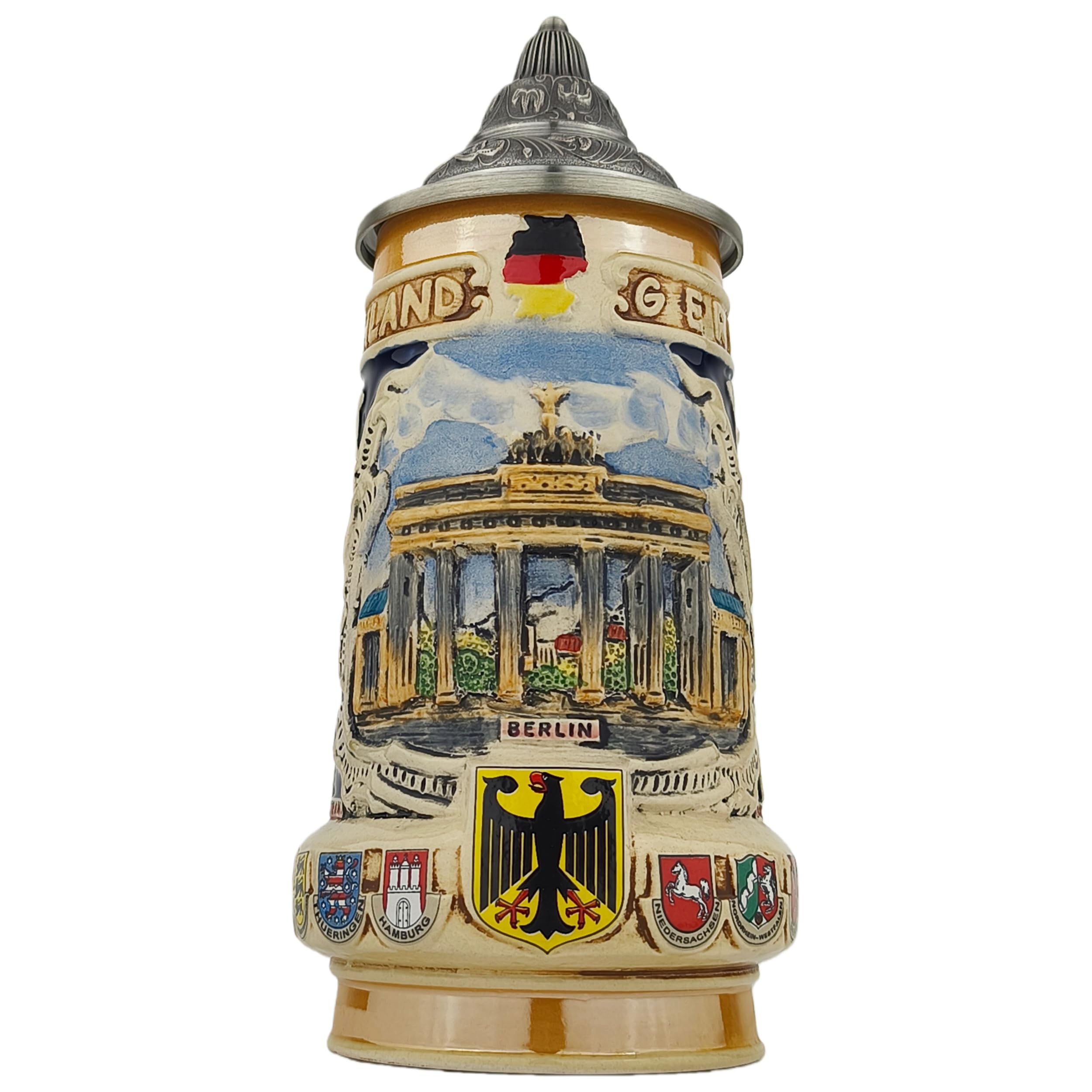 Bierkrug mit Deckel 0,7L – Traditioneller Steinkrug mit Deutschland-Motiv und Wappen-Design – Bierseidel für Zuhause, Bierfest & Sammlung – Geschenk für Männer, Papa & Bierfans