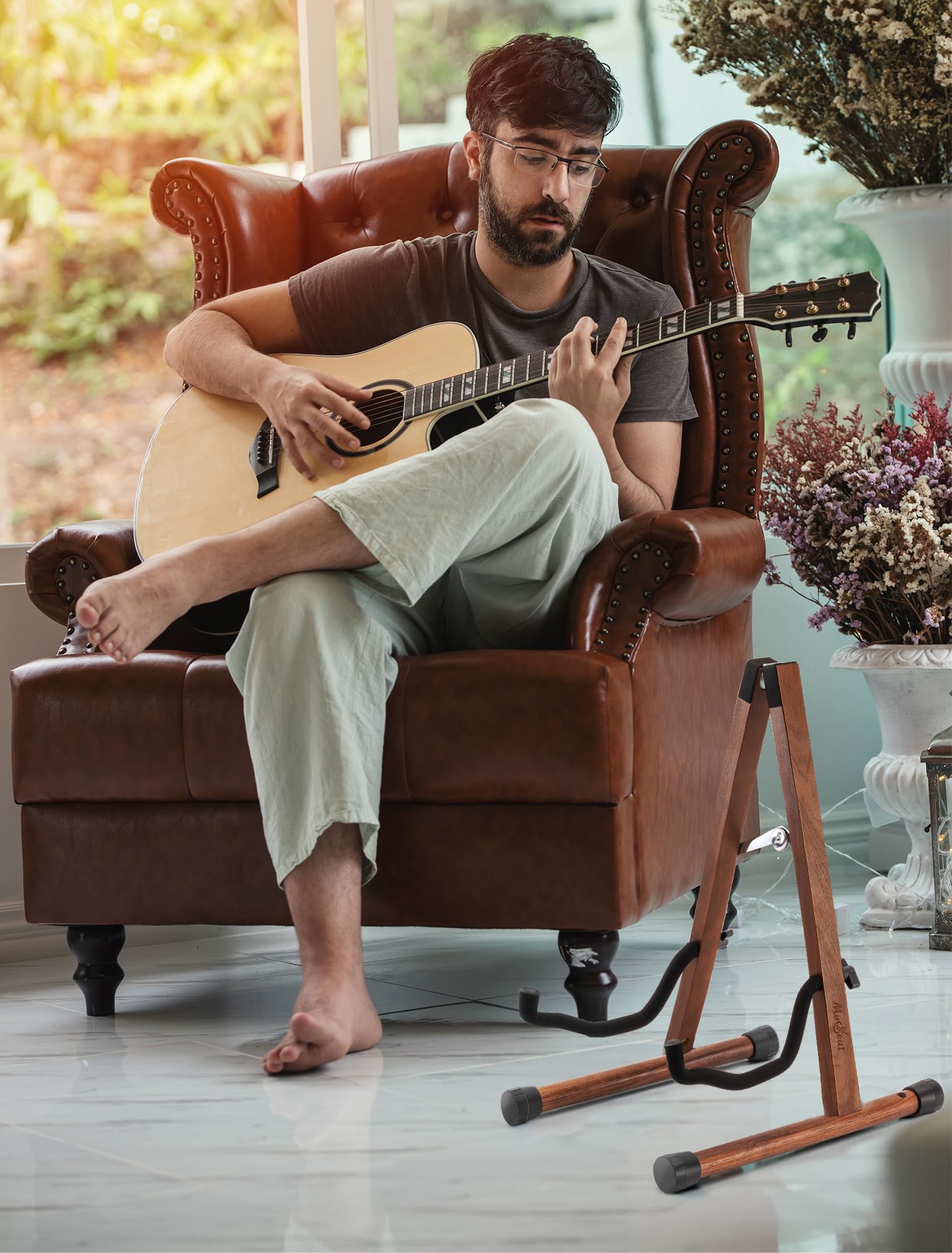 soporte guitarra, soporte guitarra suelo, soporte para guitarra, soporte para guitarra acústica con espuma acolchada, soporte de madera de nogal negro para guitarra acústica y eléctrica