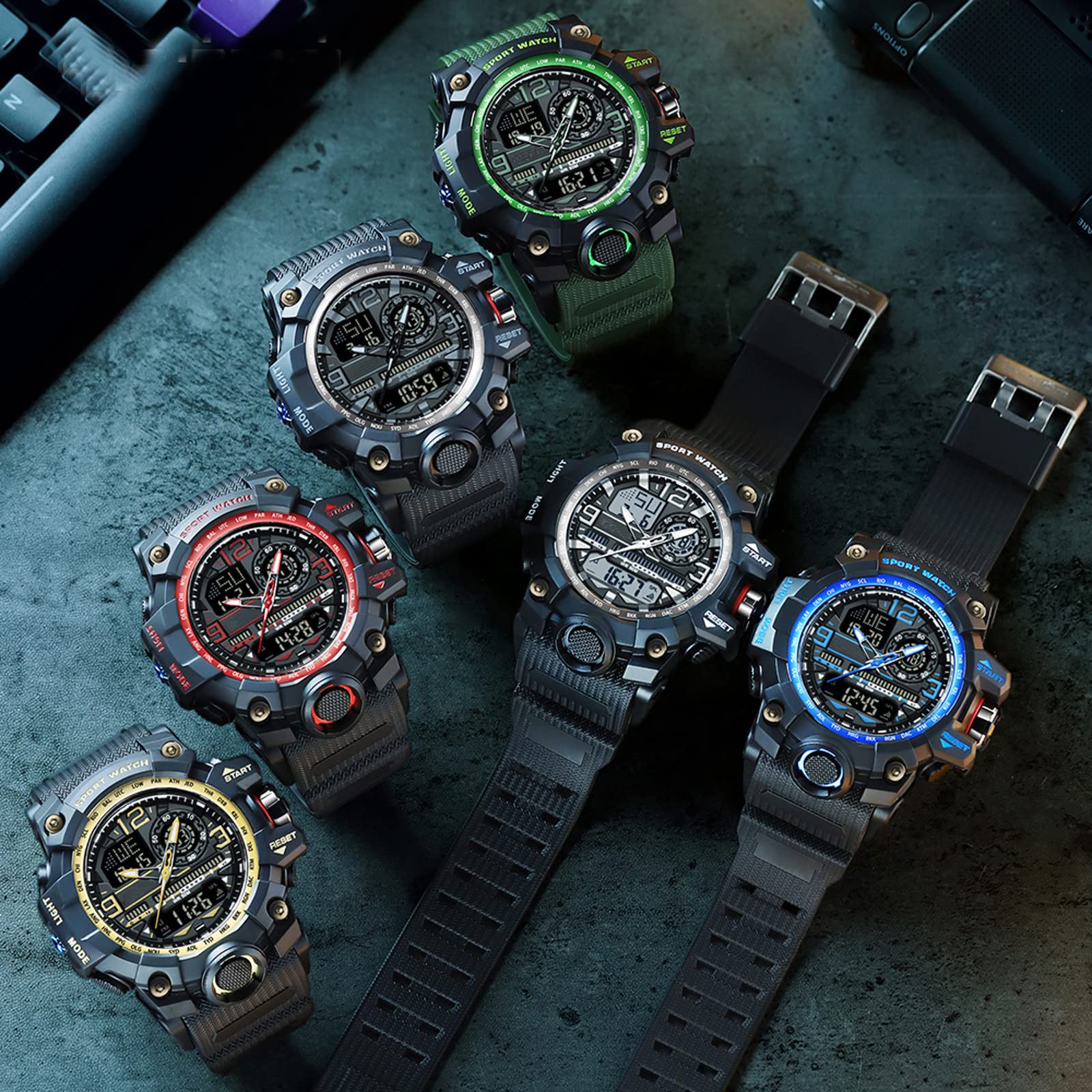 Reloj de pulsera militar grande para hombre, digital y analógico, 5 cajeros automáticos, impermeable, táctico para exteriores con despertador, fecha 12/24 horas, cronómetro LED, correa de silicona