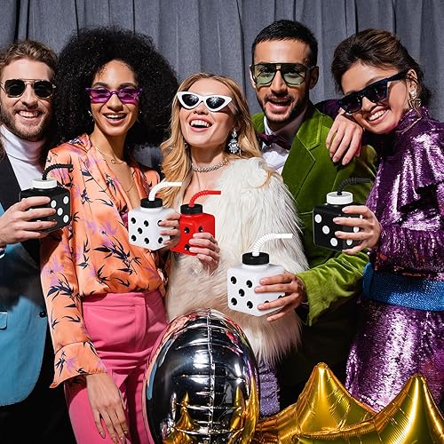 Miniatura 6 de Yaomiao 12 piezas de suministros de regalo de fiesta de casino con pajitas y tapas, 10 onzas de plástico en forma de dados de casino para decoración