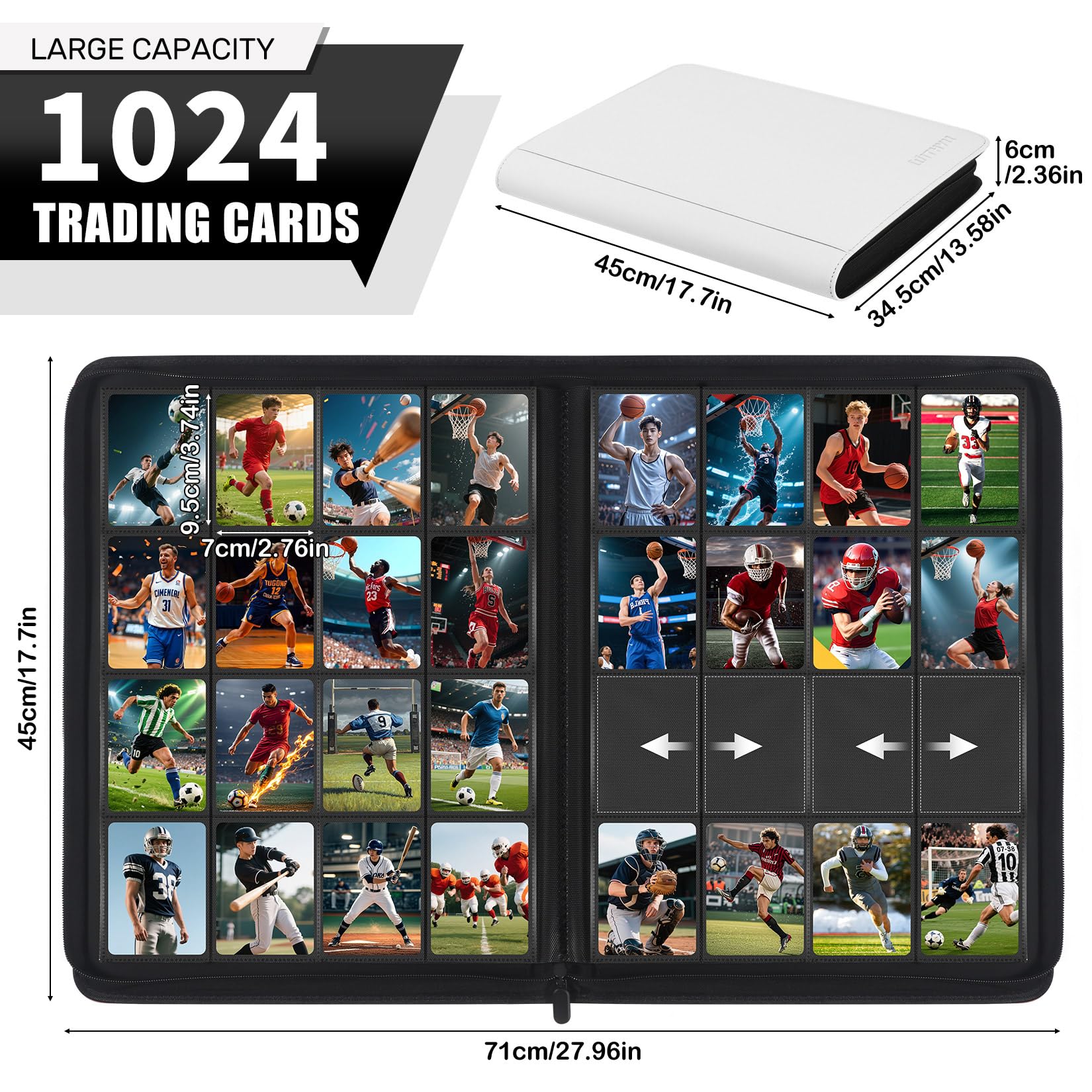 WITHYU Album da Collezione per Carte 16 Tasche, Capacità 1024 Carte - Portacarte Impermeabile Caricamento Laterale con Zip per TCG, Calcio & Collezioni, Portatile (Bianco)