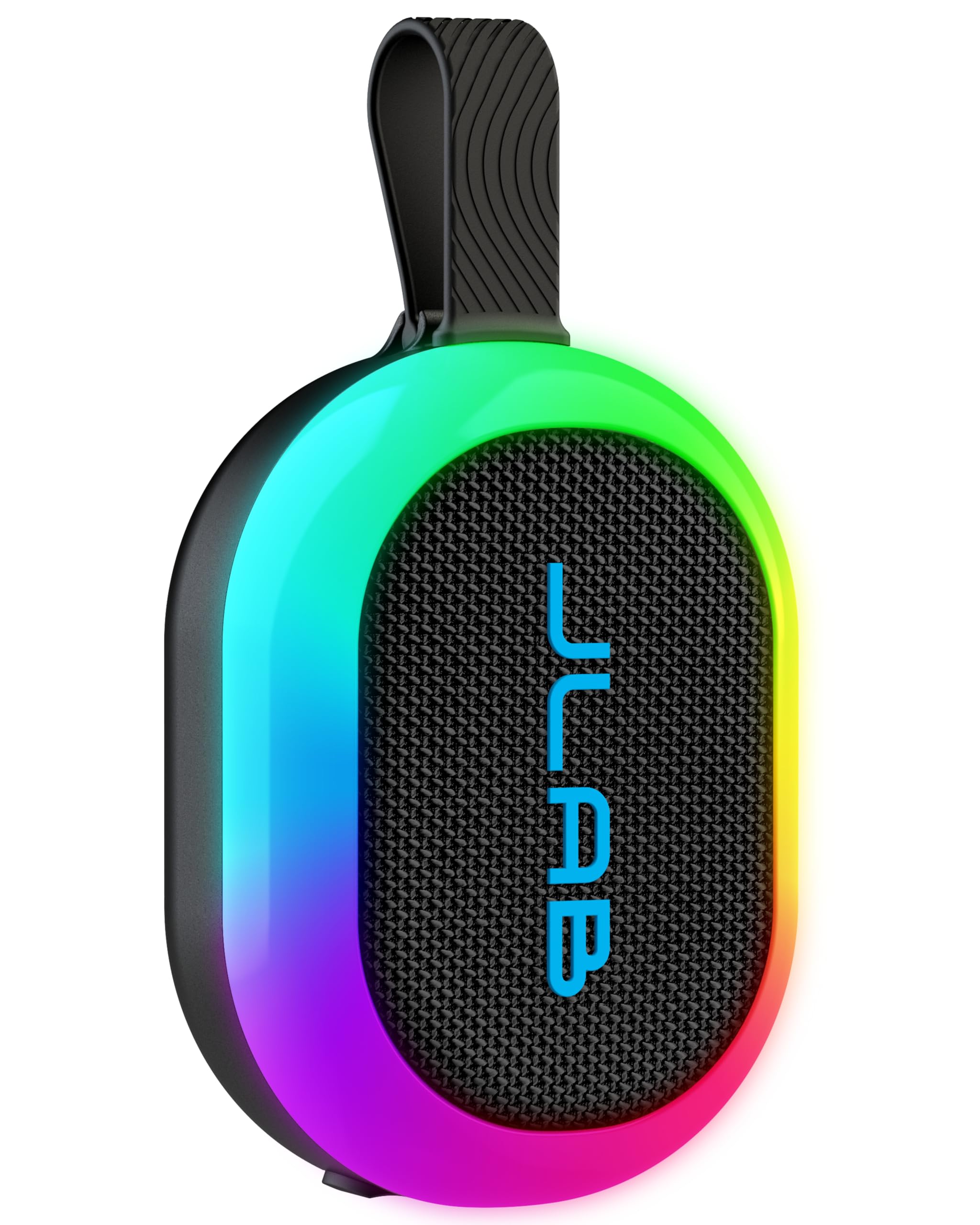 JLab Pop Party Altavoz Bluetooth UltraportáTil Pequeño con 8H+ de Autonomía - Altavoz Inalámbrico de 5W para Exteriores y Viajes con Luces RGB, Audio Potente, Resistente al Agua IP55, Negro