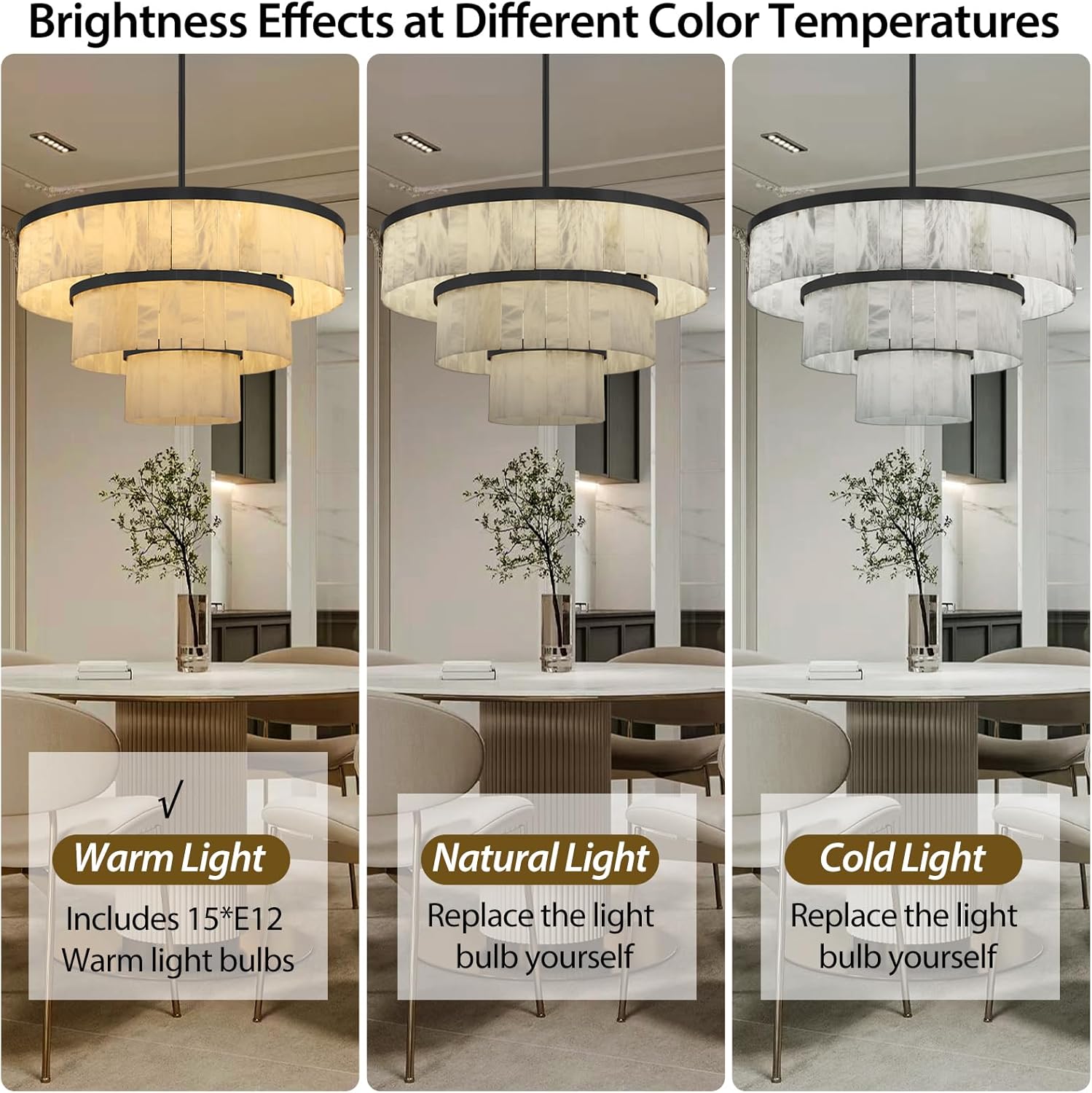 Round Alabaster Chandelier, 3 Tiers Black Marble Chandelier for Dining Room, D34 Modern Living Room Chandeliers Modern High Ceilings Chandeliers for Bedroom, Foyer, Entryway(Include 15 Bulbs) black-D34-round
