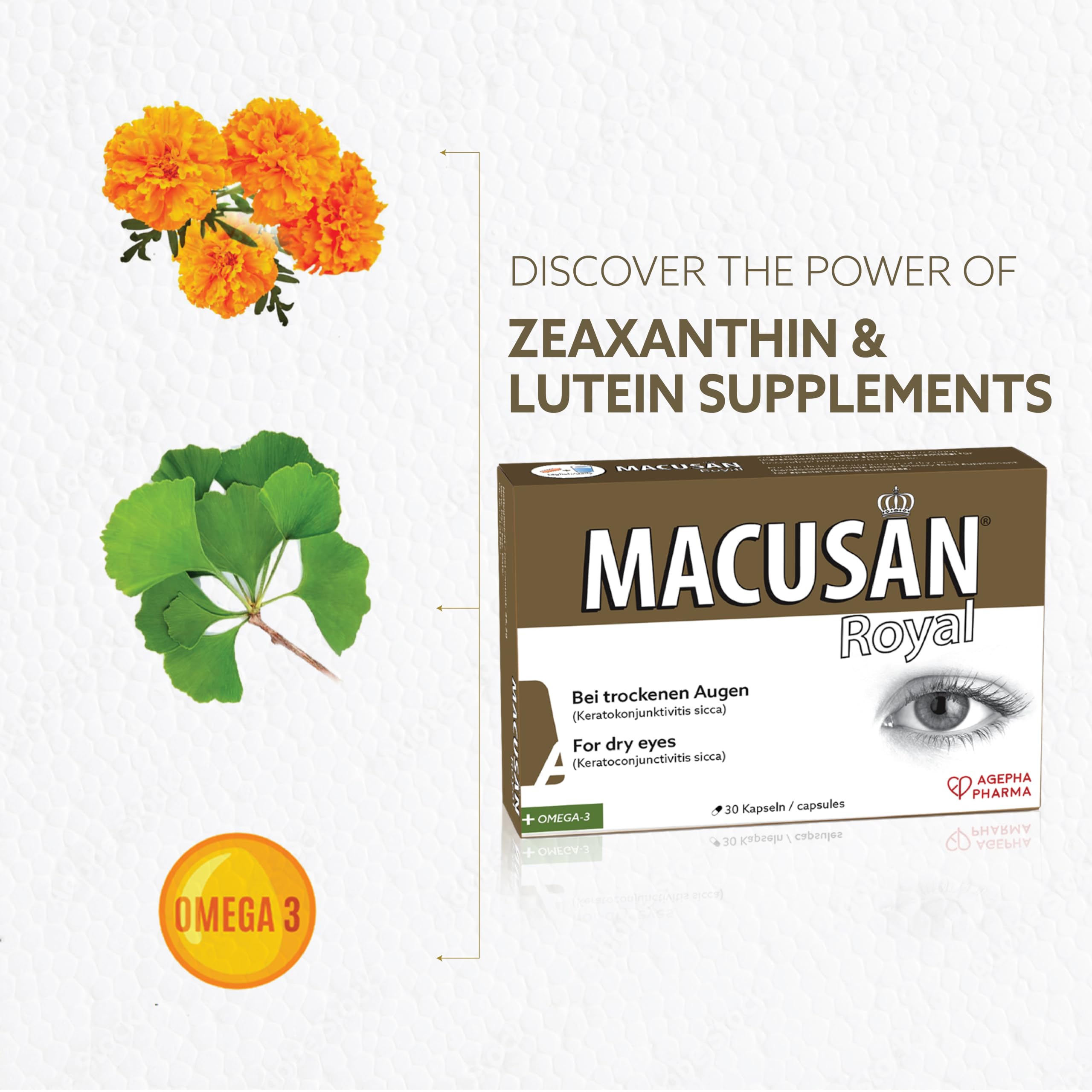 Macusan® Royal - Augenvitamine zur Behandlung bei trockenen Augen - Senkung des Risikos einer Altersbedingten Makuladegeneration (AMD) - Omega-3, Lutein und Zeaxanthin (30 Kapseln)