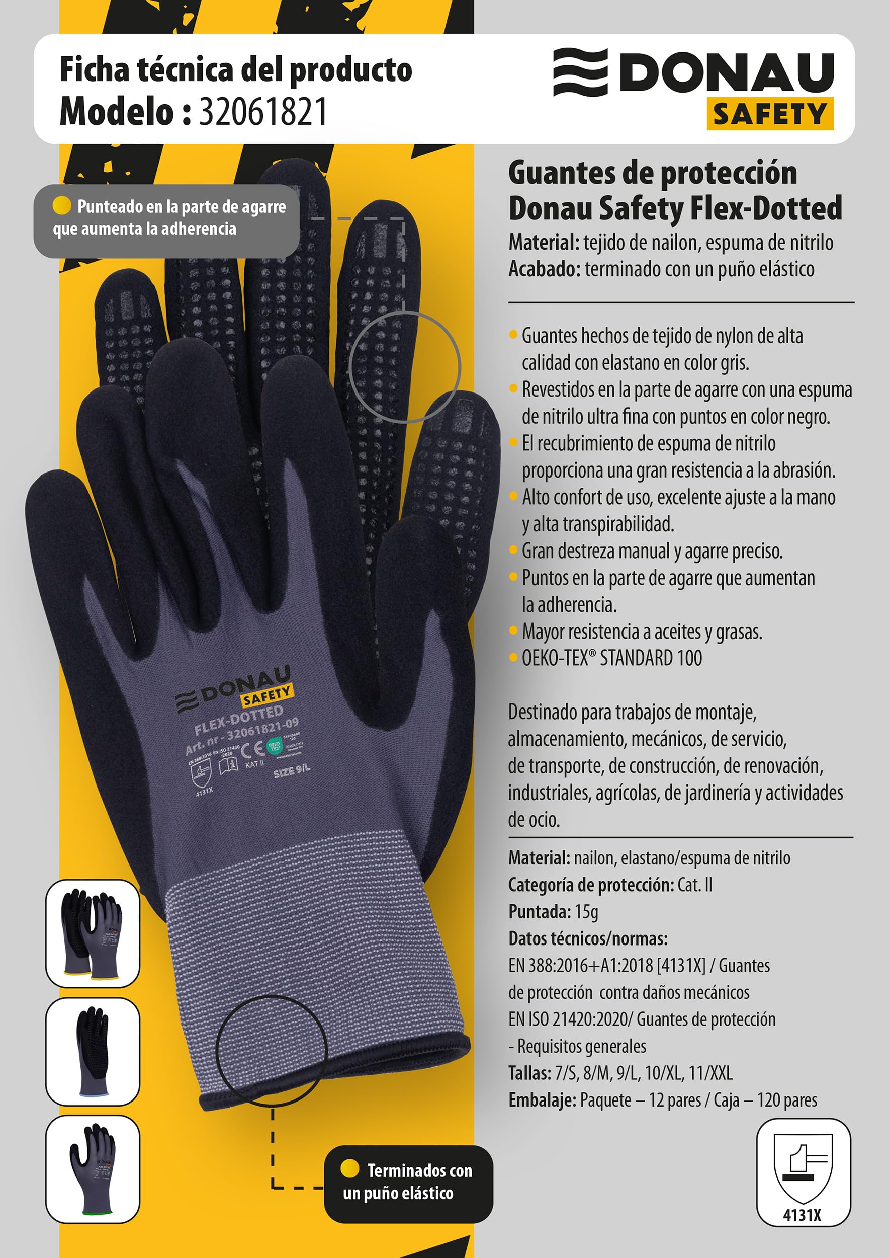 DONAU SAFETY Gants de travail Flex-Dotted avec picots antidérapants, taille 10/XL, 1 paire, gris-noir, pour mécaniciens, revêtement nitrile, légèrement résistant à l'huile, nylon