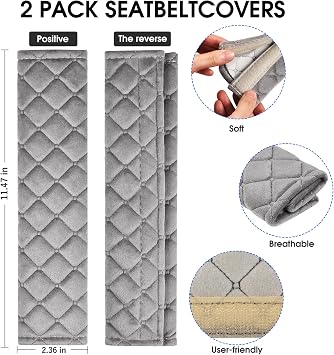 Universal Car Seatbelt Pads Cover,Seat Belt Shoulder Strap Covers Harness Pad Car/Bag,Soft Comfort Helps Protect You Neck Shoulder from The Seat Belt Rubbing Gray (2-Pack)