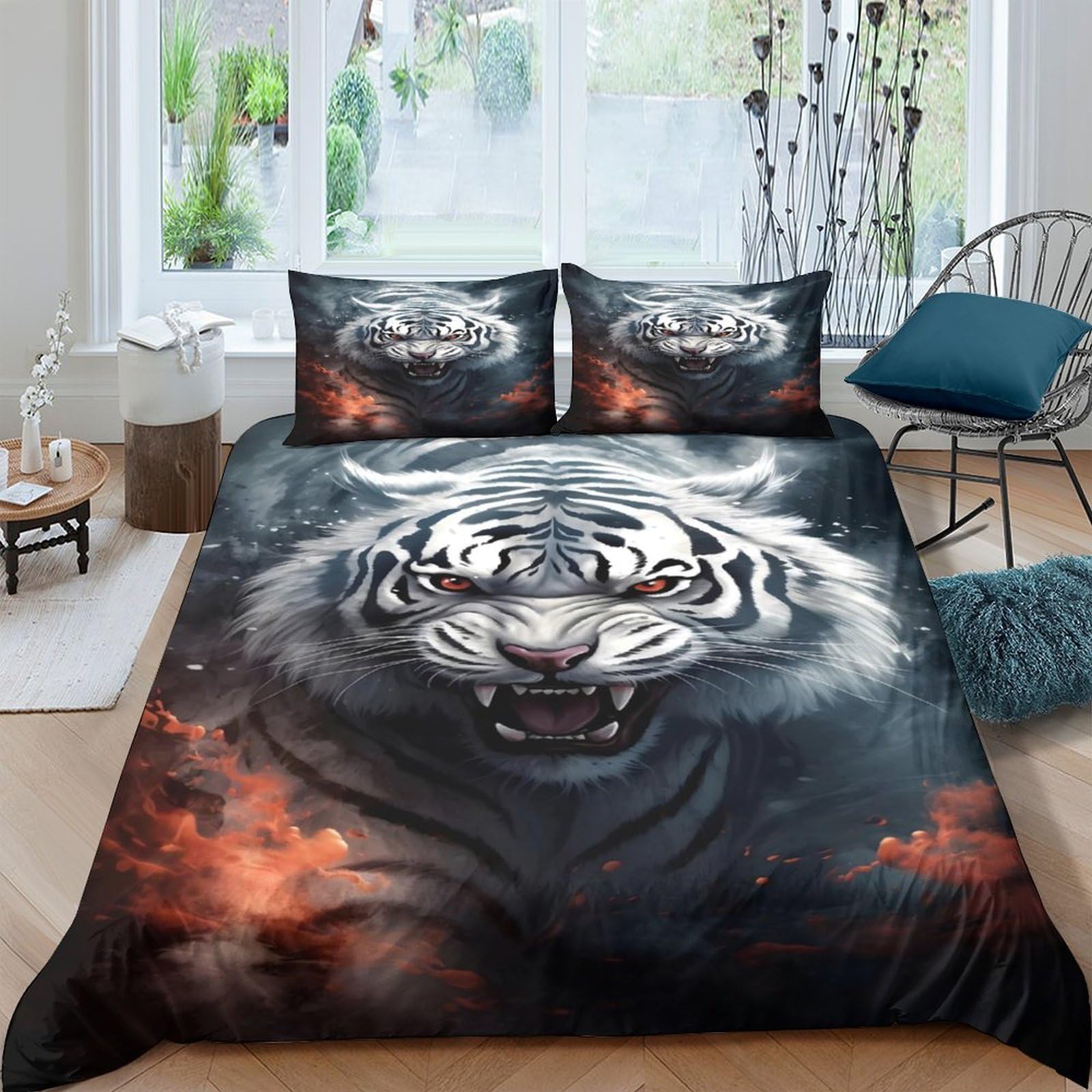 GPLZQXKJNH 3D Printed White Tiger Duvet Cover Microfiber Soft Breathable Fire Cloud Bedding Set with 2 Pillowcases for Bedroom Decor Single（135x200cm）