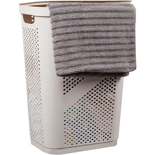 Mind Reader Basket Collection, Slim Laundry Hamper, 60 Liter (15g/33lbs) Capacity, Cut Out Handles, Attached Hinged Lid, Ventilated, Ivory